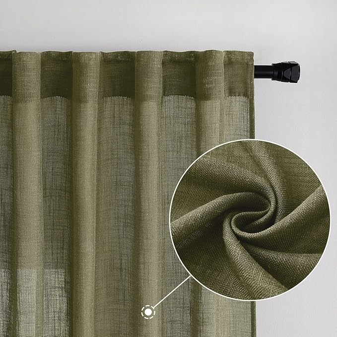 MIULEE Light Olive Green Linen Curtains 108 Inches Long 2 Panels for Bedroom Living Room, Soft Linen Textured Natural Window Drapes Semi Sheer Light Filtering Back Tab Rod Pocket Burlap Look Decor