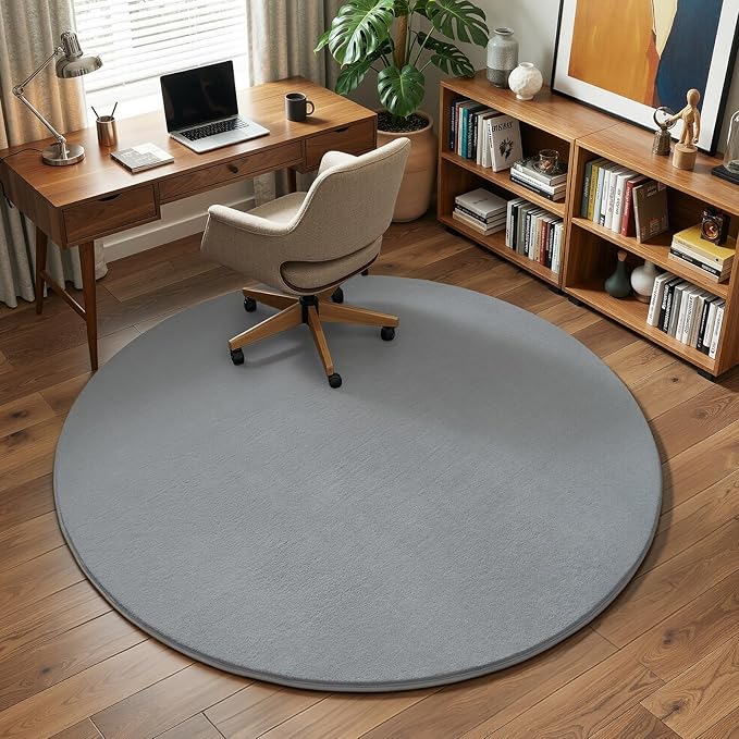 Amearea Grey Round Area Rugs 5ft Washable Circle Rugs for Bedroom Living Room, Fluffy Indoor Thickened Memory Foam Rug, Non Slip Minimalist Circular Carpet for Kids Boys Girls Dorm Nursery Room Decor
