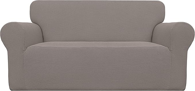 Easy-Going Stretch Loveseat Slipcover 1-Piece Sofa Cover Furniture Protector Couch Soft with Elastic Bottom for Kids Polyester Spandex Jacquard Fabric Small Checks (Loveseat, Taupe)