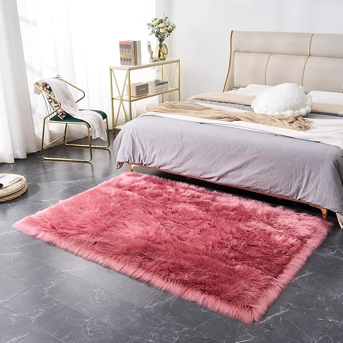 EasyJoy Ultra Soft Fluffy Shaggy Area Rug Faux Fur Rug Chair Cover Seat Pad Fuzzy Area Rug for Bedroom Floor Sofa Living Room (4 x 6 ft Rectangle, BlushPink)