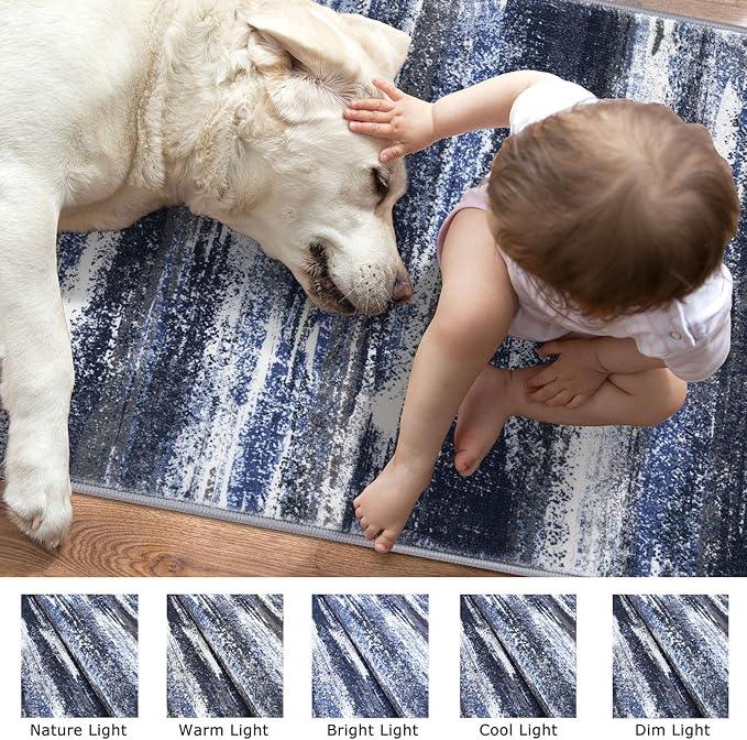 Lansny Modern Abstract Runner Rug 2x6, Navy Blue Washable Kitchen Runner Non-Slip Soft Hallway Rug Runner Thin Print Faux Wool Carpet for Entryway Bedroom Laundry Room Indoor Home Decor