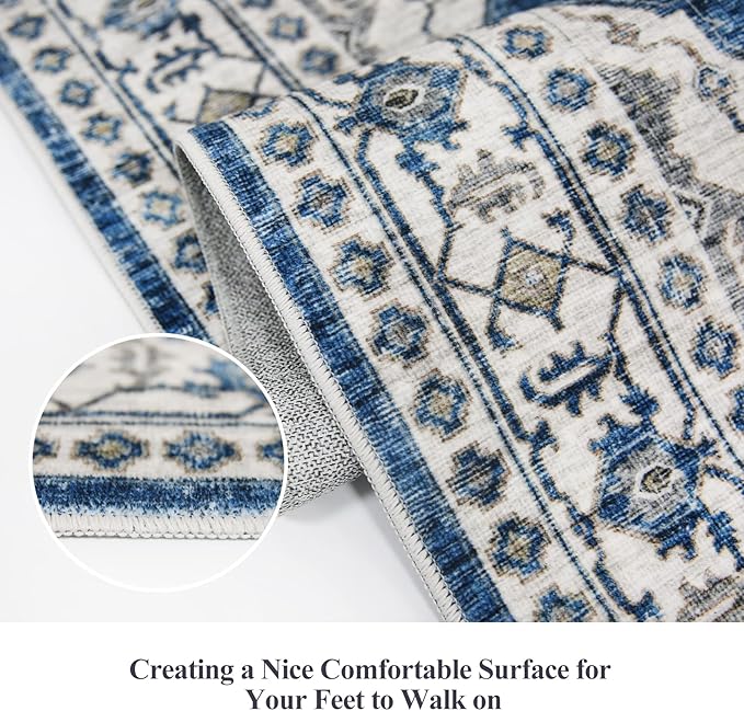 Hallway Washable Runner Rug - 2x7 Kitchen Rugs Entryway Rug Runner Vintage Soft Floor Mat Non Slip Indoor Farmhouse Carpet for Bathroom Living Room Bedroom (2 X 7, Blue)