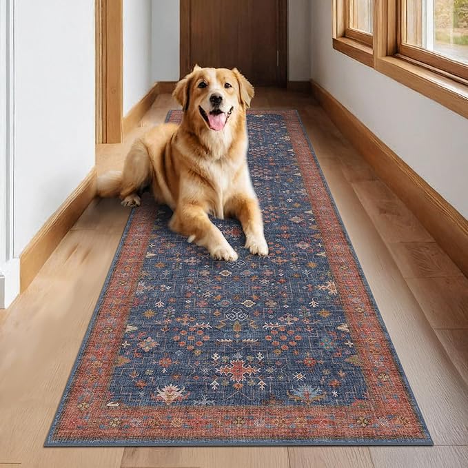 Washable 10 ft Long Runner for Hallway - Navy Blue Kitchen Floor Runner Rug, Pet Friendly Waterproof Non Slip with Rubber Backing, Stain Resistant Laundry Room Rug (3x10 Navy Blue & Terracotta)