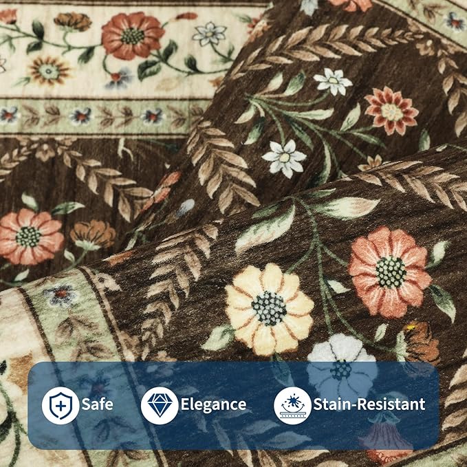 Washable Kitchen Runner 2x6 Non-Slip Floral Carpet Runner for Entryway Indoor Ultra Soft Stain Resistant Long Rugs Farmhouse Floor Mat for Hallways Laundry Bedroom Brown