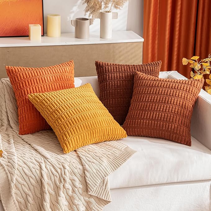 MIULEE Pack of 2 Dark Rust Corduroy Decorative Pillow Covers 16x16 Inch Soft Boho Striped Throw Pillow Covers Modern Farmhouse Home Decor for Summer Sofa Living Room Couch Bed