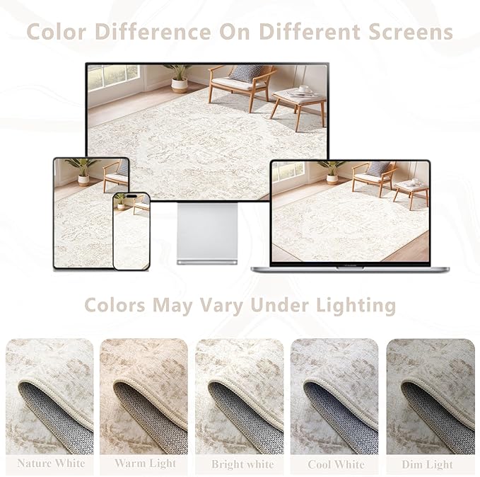 5x7 Area Rugs for Living Room: Washable Rug Vintage Large Rugs Soft Non Slip Low Pile Rug Floral Distressed Floor Carpet for Bedroom Kitchen Nursery Dining Room Home Office (Beige, 5'x7')