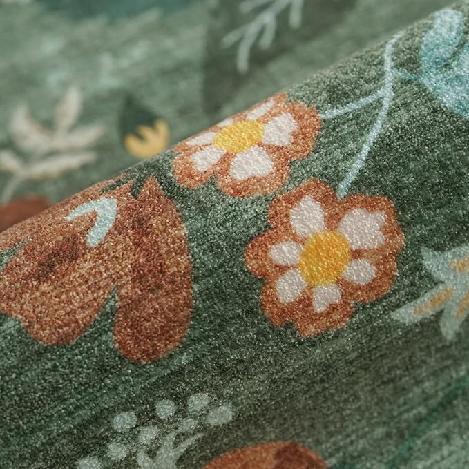 Washable 2x6 Runner Rug for Entryway: Hallway Kitchen Easy-Clean Carpet with Non-Slip Backing Stain-Resistant Low Pile Floor Mat – Perfect for High-Traffic Areas with Pets (2x6 Floral/Green)