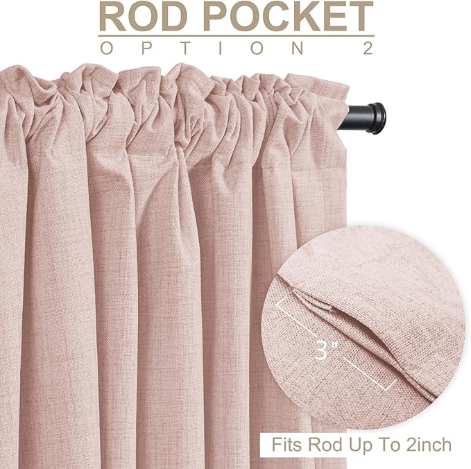 100% Blackout Shield Light Pink Linen Blackout Curtains for Bedroom 96 Inches Long, Back Tab/Rod Pocket Living Room Drapes, Thermal Insulated Blackout Curtains 2 Panels Set, 50" W x 96" L