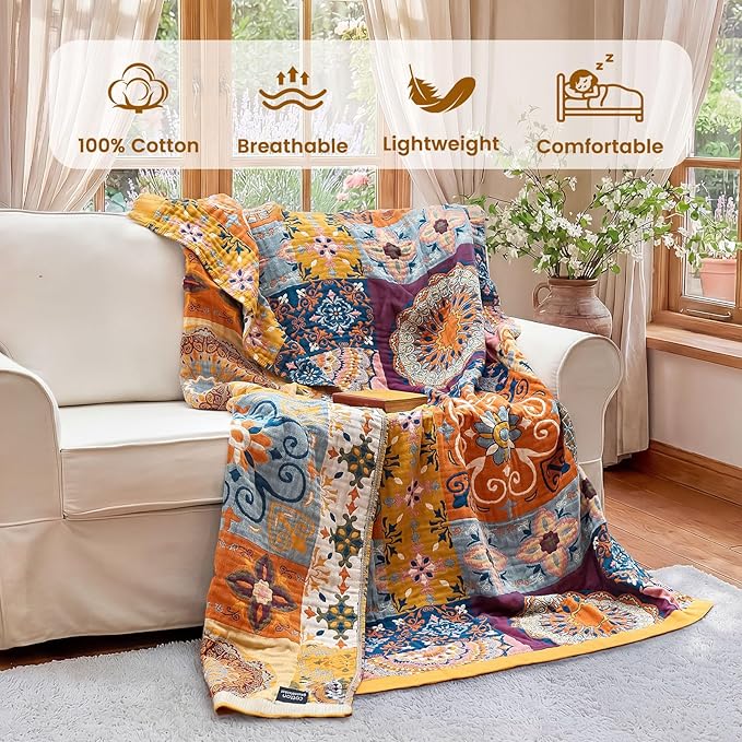 MSGKV Boho Throw Blanket for Bed 60"x80" 100% Cotton Couch Blanket Spring Breathable Lightweight Twin Size Blankets Home Decor Muslin All Seasons