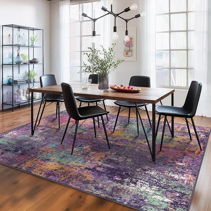 Washable Area Rugs 7'x9' Non-Slip Modern Abstract Soft for Living Room Entryway Bedroom Nursery, Print Pattern, Purple Orange Blue Green Rust Red Colorful