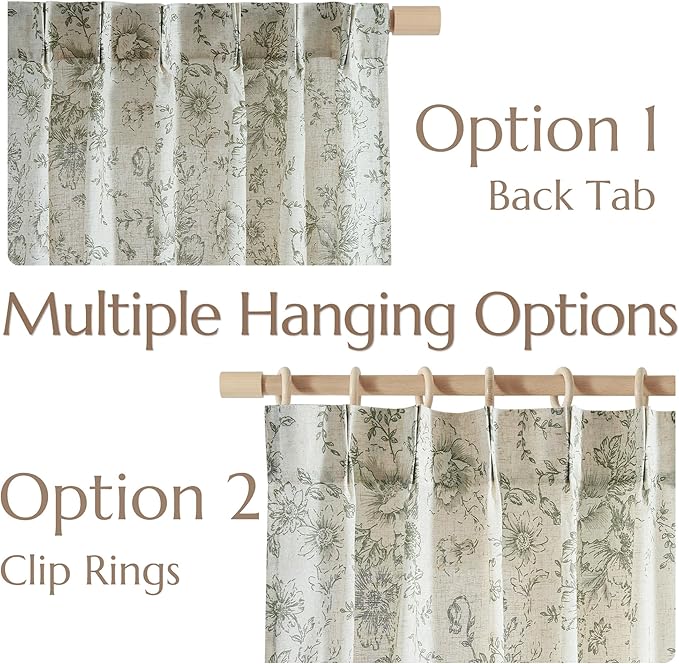 jinchan Pinch Pleated Curtains Floral Linen Blend Curtains for Living Room 96 Inches Length Green Peony Flower Printed Curtain Rod Pocket Back Tab Farmhouse Drapes with Hooks Set 2 Panels