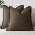 MIULEE Decorative Throw Pillow Covers Neutral Linen Fringe Throw Pillows Euro Shams Set of 2 Chocolate Brown Boho Farmhouse Cushion Covers for Couch Sofa Bed Living Room Spring Home Decor 24x24 Inch
