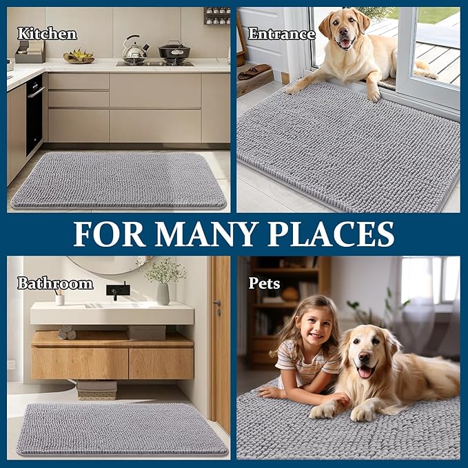 OLANLY Dog Door Mat for Muddy Paws 70x35, Absorbs Moisture and Dirt, Absorbent Non-Slip Washable Doormat, Quick Dry Chenille Mud Mat for Dogs, Entry Indoor Entryway Carpet for Inside Floor, Light Grey