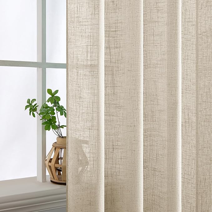 MIULEE Beige Linen Curtains 45 Inch Length 2 Panels for Bedroom Living Room, Soft Linen Textured Window Drapes Semi Sheer Light Filtering Back Tab Rod Pocket Farmhouse Modern Burlap Look Decor