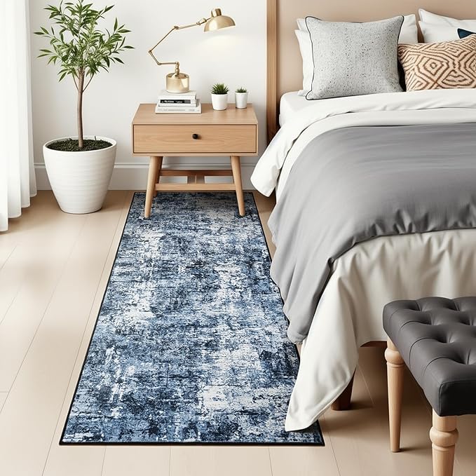 Rugflix 2x6 Runner Rug for Entryway, Kitchen Rugs Soft Non-Slip Washable Runners for Hallway, Abstract Small Carpet with Non-Slip Backing for Bedroom, Living Room, Navy Blue/Black