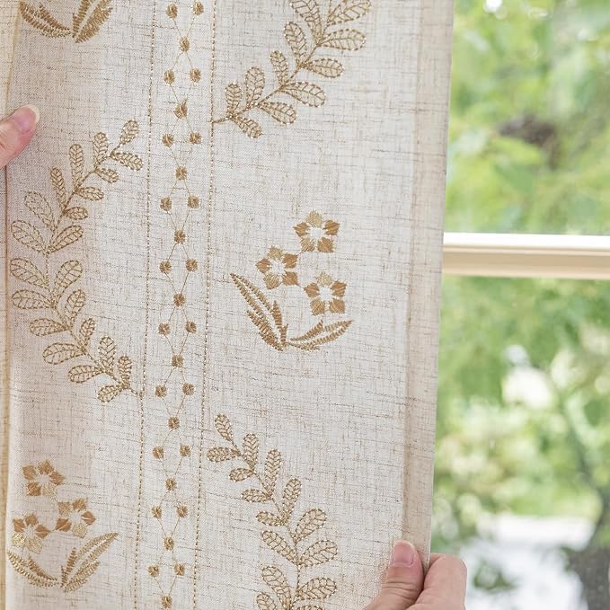 jinchan Belrose Linen Curtains for Bedroom Floral Curtains 72 Inch Length Linen Blend Beige Embroidered Drapes Farmhouse Flower Patterned Drapes for Living Room Window Treatments Set 2 Panels