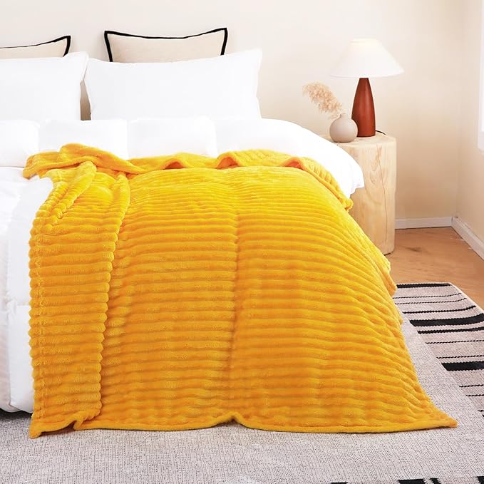 Gold Fleece Throw Blanket 108”×90” for Couch Sofa Bed,Super Soft Cozy Plush Microfiber Flannel Blanket with Stripes Design Lightweight for Adults,Woman,Girls