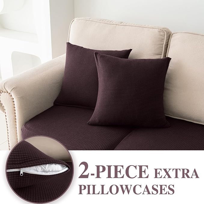 Couch Cushion Covers for Sectional Sofa L Shape Washable Separate Seat Chaise Couch Cover Stretch Sofa Slipcovers with 2 Pcs Pillowcases(2 Seater + 1 Chaise, Brown)