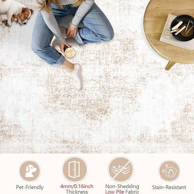 Area Rug 6x9 Vintage Rug: Washable Living Room Rugs Retro Medallion Distressed Large Rugs Soft Low Pile Non-Slip Indoor Floor Carpet for Bedroom Kitchen Nursery Dining Table Office (Beige, 6'x9')