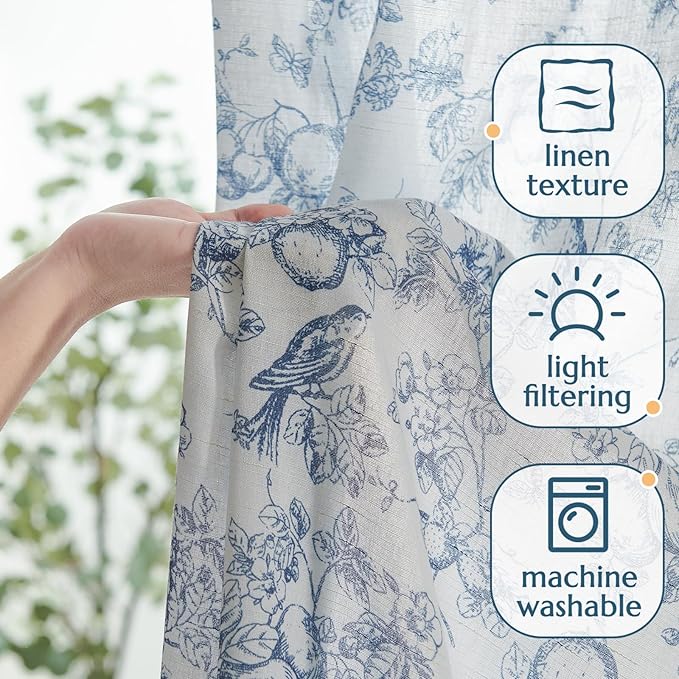 jinchan Linen Floral Curtains for Living Room 96 Inch Length Blue Printed Flower French Country Curtain Farmhouse Cottage Core Toile Curtains Back Tab Light Filtering Window Drapes Set 2 Panels
