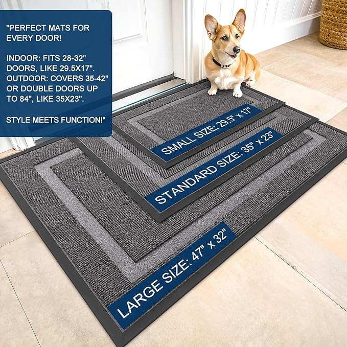 OLANLY Front Door Mat Indoor Outdoor Entrance, Waterproof All-Season, All-Weather Doormat, Sturdy Natural Rubber, Fade Resistant, Low Profile, Easy Clean Patio Porch Entryway Mat, 59x35, Dark Grey