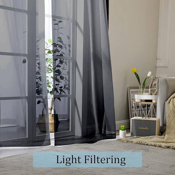 OWENIE Sheer Black Curtains 84 Inch Length 2 Panels Set for Living Room Bedroom, Rod Pocket Voile Sheer Panel Drapes, Black, 2pcs, Each 42" W x 48" L