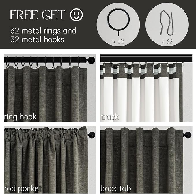 102 Inch Long Charcoal Gray Blackout Curtains for Bedroom 2 Panels Set Modern Natural Linen Back Tab Pleated Floor to Ceiling Thermal Drapes Hooks Rings 102 In Window Drapes 100% Black Out Linen