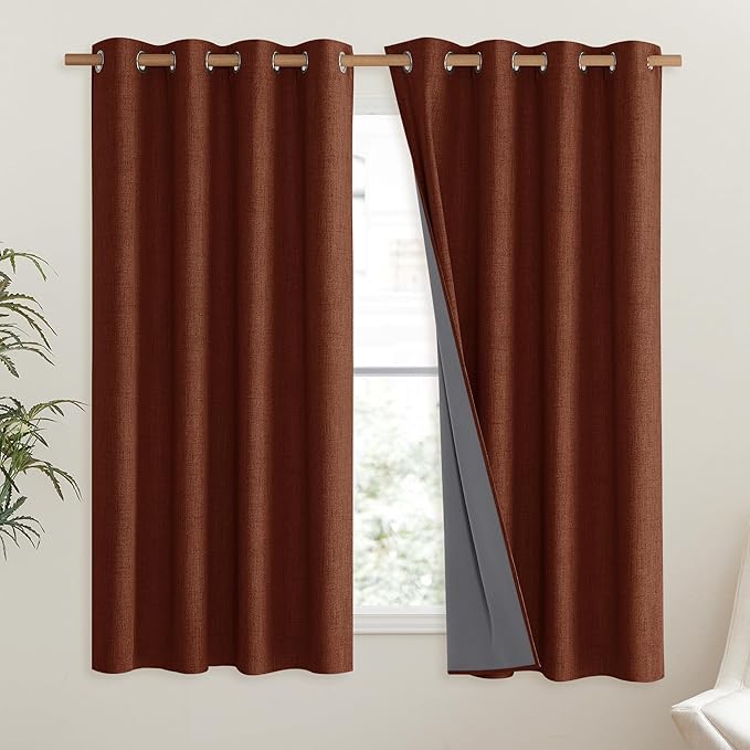 NICETOWN 100% Absolutely Blackout Linen Curtains with Thermal Insulated Liner, 52" Wide, 2 Panels, 63" Long Drapes, Grommet Retro Burnt Orange Linen Curtains Vertical Drapes Privacy for Bedroom