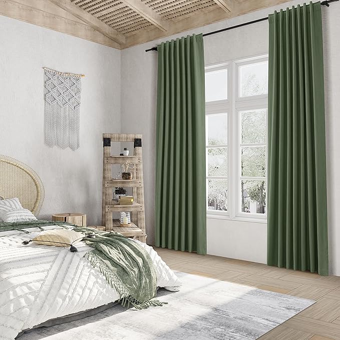 Guken Olive Green 100% Blackout Curtains 120 Inch Length 2 Panels Set for Living Room Bedroom Back Tab Thermal Insulated Black Out Linen Drapes Room Darkening Window Curtains