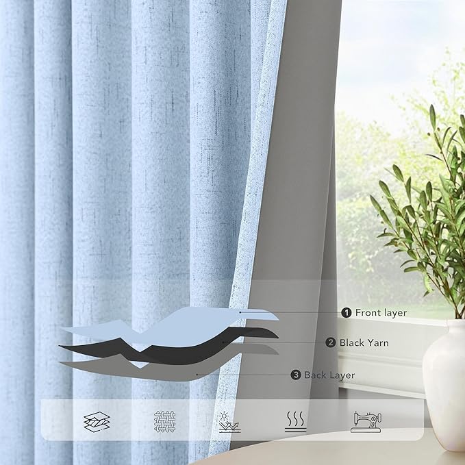Pitalk 100% Blackout Light Blue Curtains 84 Inch Length for Bedroom Window 2 Panel Room Darkening Insulated Thermal Sky Colored Pale Blue Black Out Curtain Drapes for Living Room 84 Long Coastal Decor