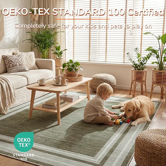 OPPODREAM Border Soft Area Rugs 8x10, Washable Brown Rug with Non Slip Backing, 8 x 10 Faux Cashmere Low-Pile 8x10 Carpet