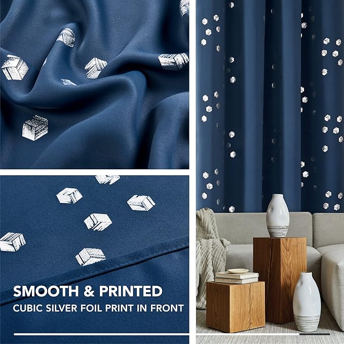Deconovo Designer Series Silver Cubic Print Blackout Curtains for Living Room Bedroom, Thermal Insulated Soundproof Window Drapes, Grommet Top, Navy Blue,52W x 95L Inch, 2 Panels