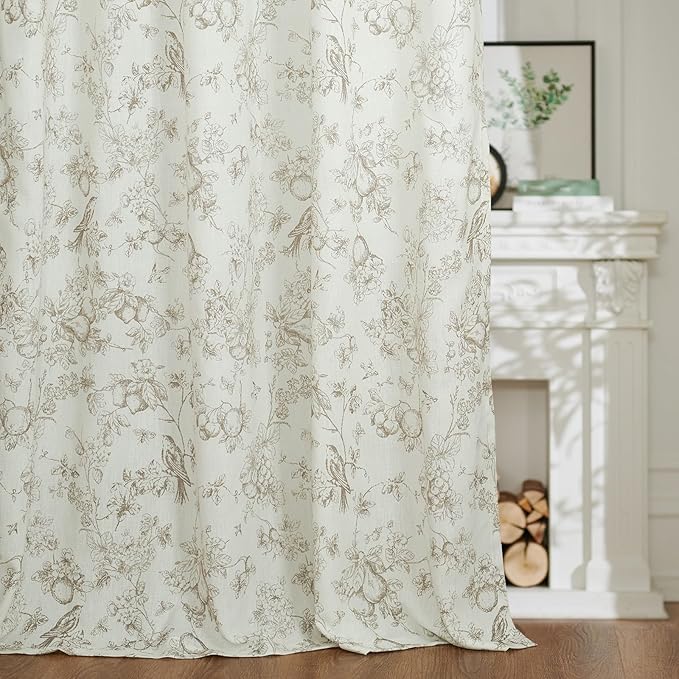 jinchan Linen Floral Curtains for Living Room 84 Inch Length Taupe Printed Flower French Country Curtain Farmhouse Cottage Core Toile Curtains Back Tab Light Filtering Window Drapes Set 2 Panels