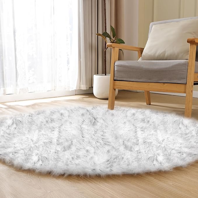 ORINOVA Grey and White Washable Shaggy Round Rug 5ft Circle Faux Sheepskin Furry Fur Rugs for Bedroom Nursery Rug