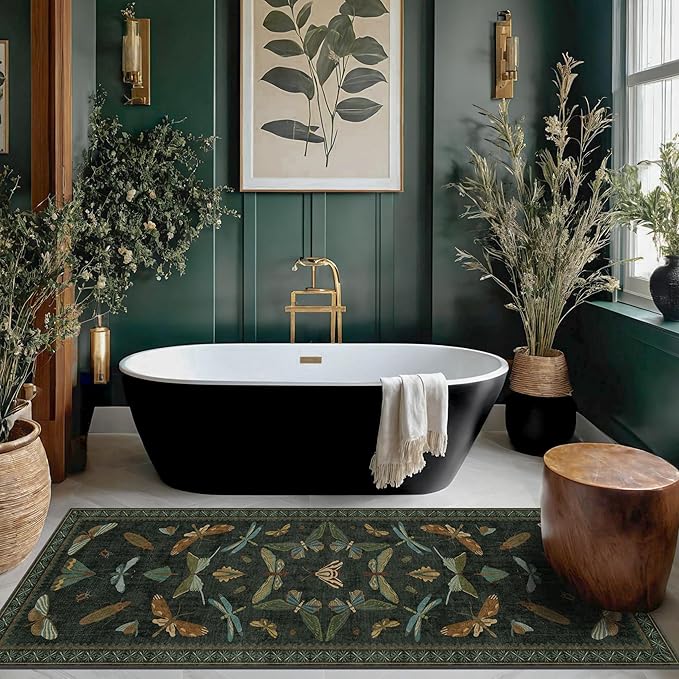 Hazo Haus Dark Green Insect 2x5 Bathroom Runner Rug - Washable Non Slip Runners for Kitchen, Laundry Room, Front Door Mat Entrance, Nature Floral Indoor Floor Décor, Thin Low Pile with Rubber Backed