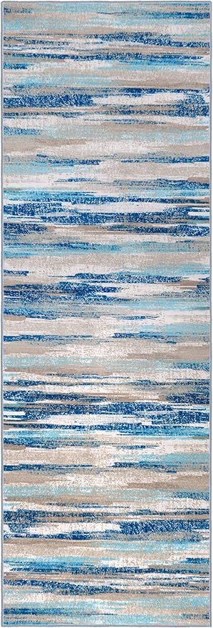 Lansny Abstract Runner Rug 2x6, Blue Washable Hallway Runner Rug Non-Slip, Soft Printed Kitchen Runner, Thin Faux Wool Runners for Hallways, Modern Floor Carpet for Entryway Bedroom Hall Indoor