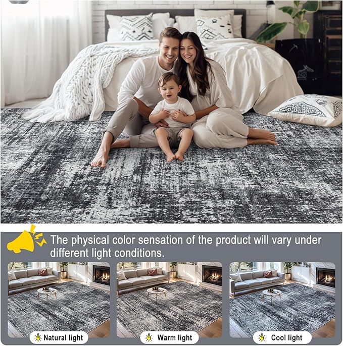 Area Rugs Living Room Rug - 5x7 Washable Modern Abstract Soft Neutral Non-Slip Carpet Large Indoor Floor Thin Carpets for Bedroom Dining Room Farmhouse Nursery Home Office Dark Black