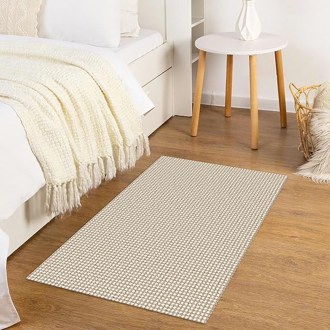KOZYFLY Indoor Door Mat 2x3 ft Small Area Rugs Washable Front Door Mat Non Slip Rubber Backed Entryway Rug Cotton Entrance Doormat for Front Porch Bathroom Kitchen Bedroom, Ivory/Khaki