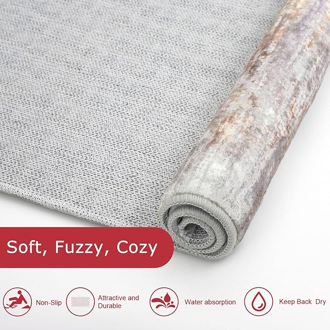 KOZYFLY Modern Abstract Runners for Hallways 2x10 Washable Rug Runner Non-Slip Soft Striped Kitchen Runner Rug, Multi Grey/Orange Print Carpet for Entryway Bathroom