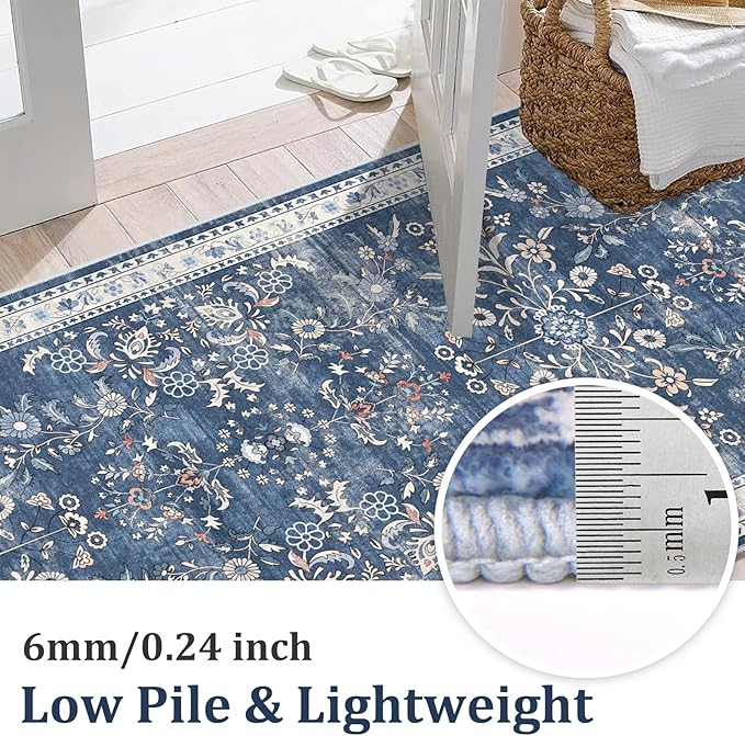 Yamaziot Washable Runner Rug 2x10 – Floral Non Slip Boho Hallway Runner Rug with Rubber Backing, Low Pile Faux Wool Distressed Carpet for Kitchen, Laundry, Bedroom, Entrance, Blue