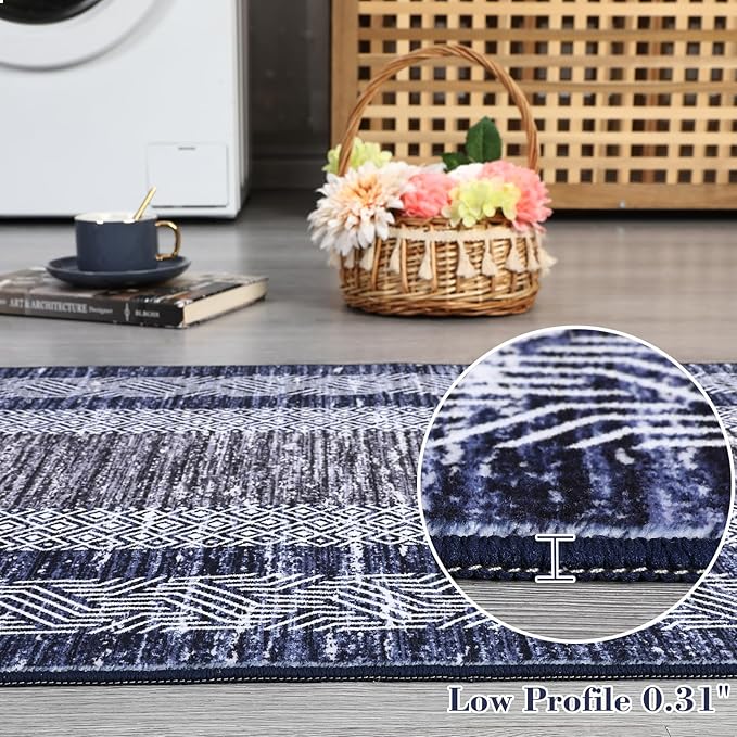 GarveeHome Small Bedroom Area Rug 3x5 Bordered Area Rug for Living Room Nursery Non Slip Kitchen Throw Carpet Low Pile Modern Rugs Washable Bathroom Mat Soft Blue Rugs for Laundry Entryway