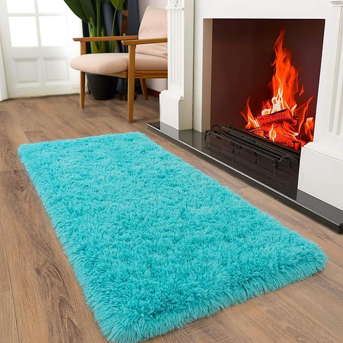 Soft Runner Rugs for Bedroom Hallways, 2x4 Teal Blue Fluffy Shag Throw Area Rug Non Slip for Bedside Dorm, Long Shaggy Furry Carpet for Nursery Living Room