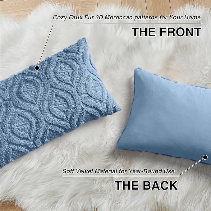 decorUhome Throw Pillow Covers 12x20 Inch Set of 2, Soft Plush Faux Wool Blue Solid Couch Pillow Covers, Accent Farmhouse Neutral Rectangle Pillow Cases for Sofa Bed Living Room