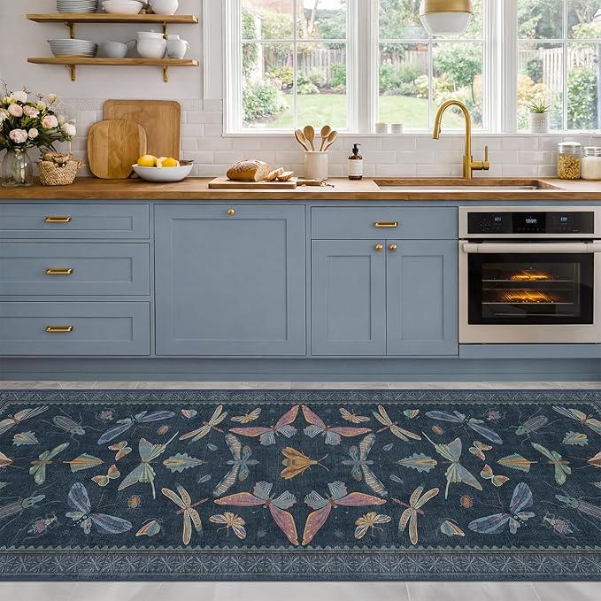 Vintage 2'6"x8' Kitchen Rugs Washable, Non Slip 8ft Long Rugs for Hallway, Stain Resistant Indoor Mats for Entryway, Dark Blue Insect Moth Home Décor, Low Pile & Soft