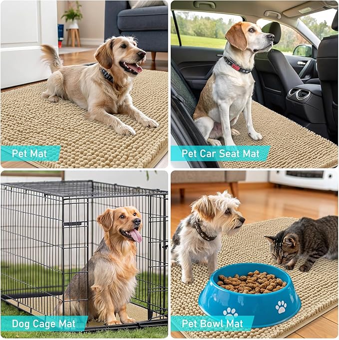 OLANLY Dog Door Mat for Muddy Paws 59x32, Absorbs Moisture and Dirt, Absorbent Non-Slip Washable Doormat, Quick Dry Chenille Mud Mat for Dogs, Entry Indoor Entryway Carpet for Inside Floor, Beige