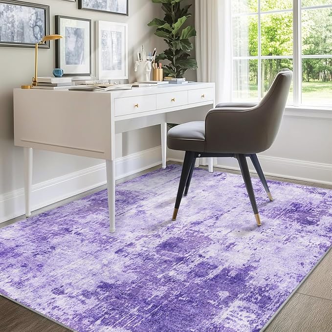 Washable Area Rugs 9'x12' Non-Slip Modern Abstract Soft for Living Room Entryway Bedroom Nursery, Print Pattern, Purple Gray Pink White