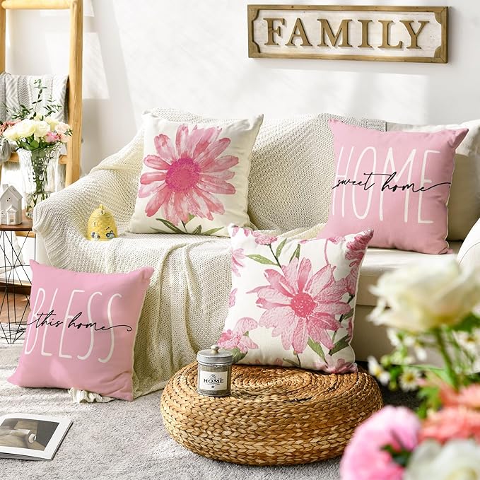 AVOIN colorlife Home Sweet Home Spring Summer Flowers Pink Throw Pillow Covers, 20 x 20 Inch Cushion Case for Sofa Couch Set of 4