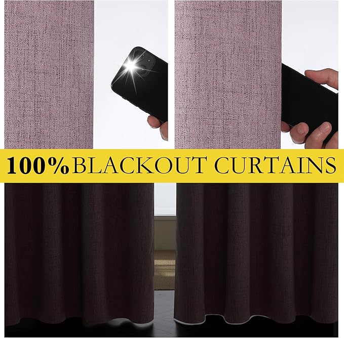 NICETOWN Chaise Mauve Vintage Linen 100% Blackout Curtains for Living Room, Thermal Insulated Curtains 120“ Long, Noise Reducing Window Treatment Drapes for Home Office, 62" Wide Per Panel, Set of 2