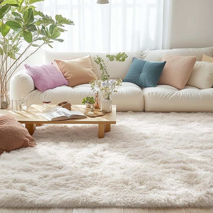 OLANLY 4x7 Area Rugs for Living Room Bedroom, Machine Washable Soft Fluffy Shaggy Bedside Rug, Indoor Floor Carpet for Kids Girls and Boys, Dorms, Nursery Rooms, Home Decor Aesthetic, Ivory