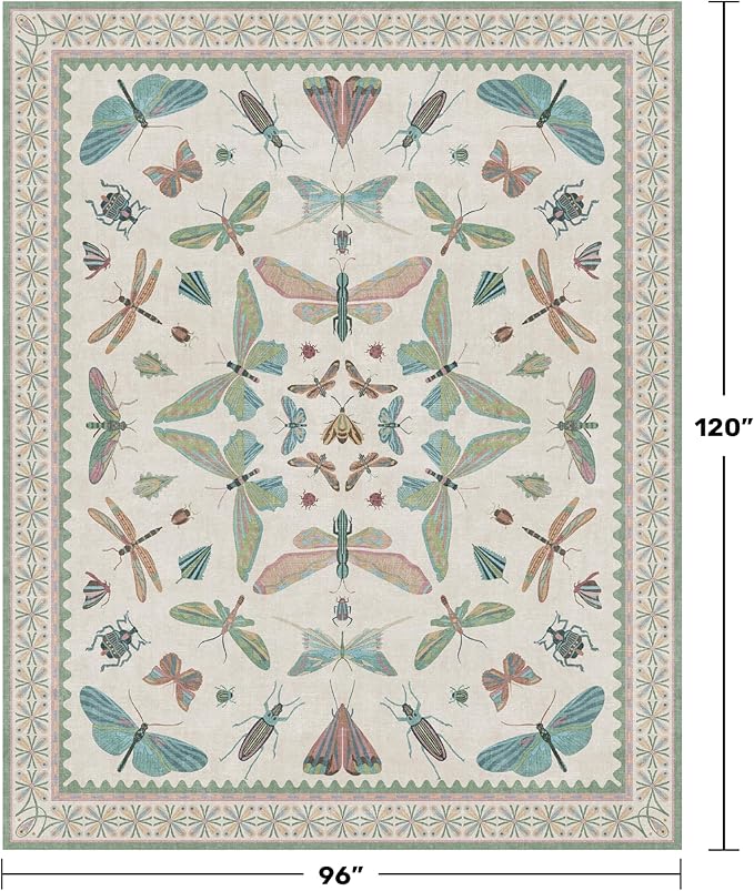 Green Butterfly Rugs for Girls Bedroom - 8x10 Floral Area Rug for Living Room, Dining Room Under Kitchen Table, Washable Lightweight Insect Print Large Carpet Indoor